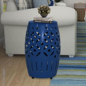 12.25 in. W x 18 in. H Navy Round Geometric Cut Iron Drum Accent Table