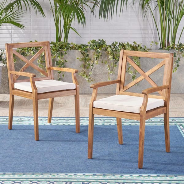 Unbranded Set of 2 Outdoor Acacia Wood Dining Chairs for Backyard Patio Lawn with Cushion, Cream