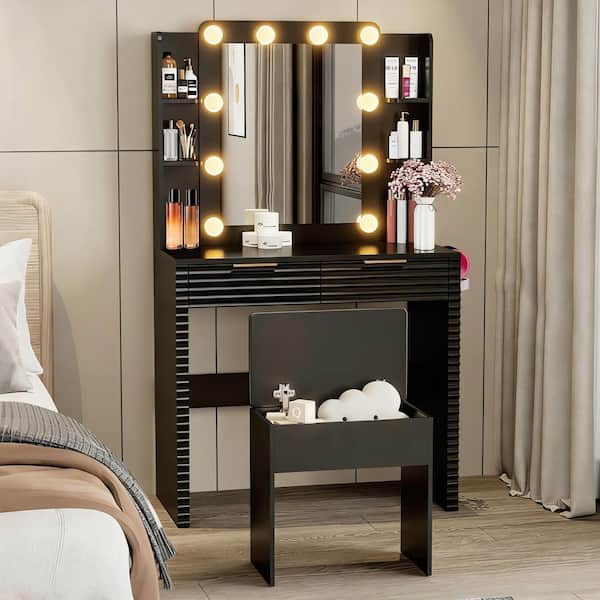 Black Makeup Vanity Set with Storage PU Stool, Mirror with 10-Hollywood Bulbs, Charging Station, Hairdryer Holder