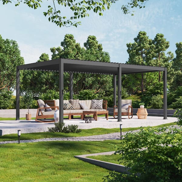 JOYESERY 12 ft. x 20 ft. Modern Aluminum Frame Pergola for Outdoor Garden with Adjustable Louvered Roof, Gray