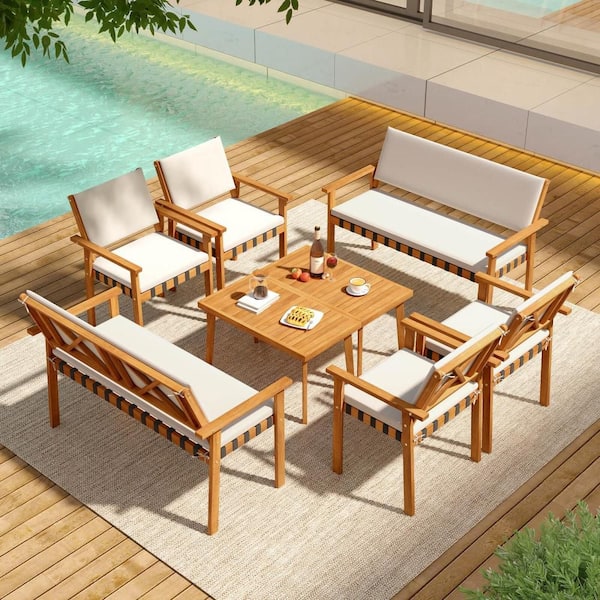 4 Piece Wood Furniture Set with Coffee Table Seat Back Cushions for Backyard, Porch