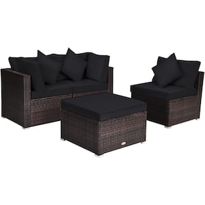 4-Piece Wicker Patio Conversation Set with 9 Black Cushions and 1 Ottomans
