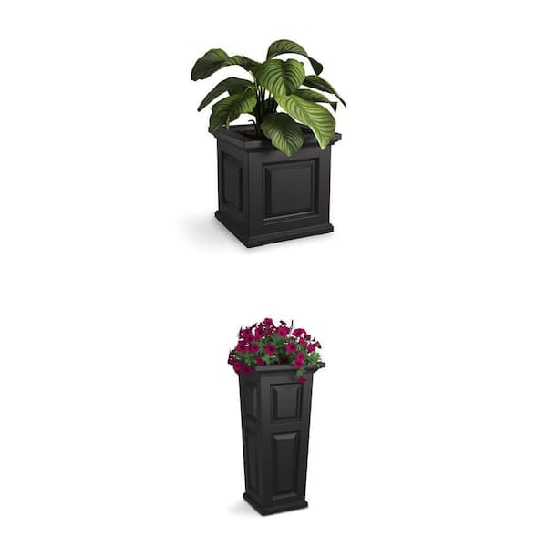 Nantucket Self-Watering Planter Combo: 32 in. Tall and 16 in. Square Black Polyethylene Planters