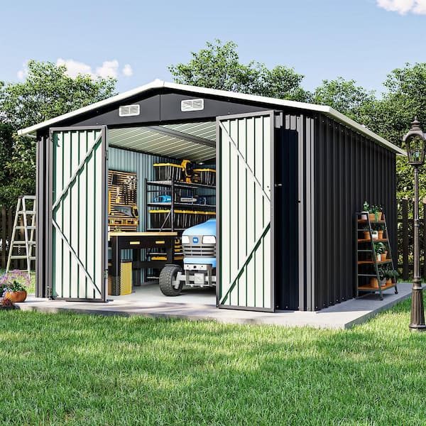 SUNMTHINK 10 ft. W x 12 ft. D Black Metal Storage Shed with