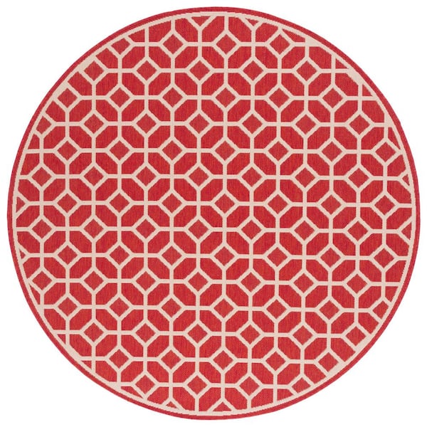 SAFAVIEH Beach House Red/Creme 7 ft. x 7 ft. Round Latticework Geometric Indoor/Outdoor Area Rug