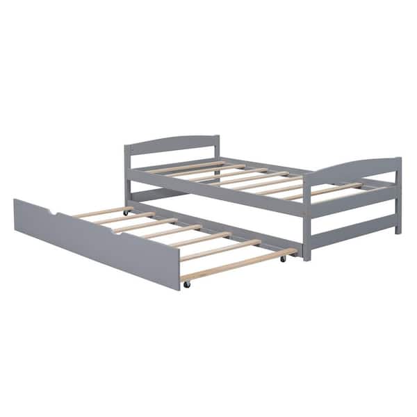 Gray Wood Frame Twin Size Platform Bed with Twin Size Trundle