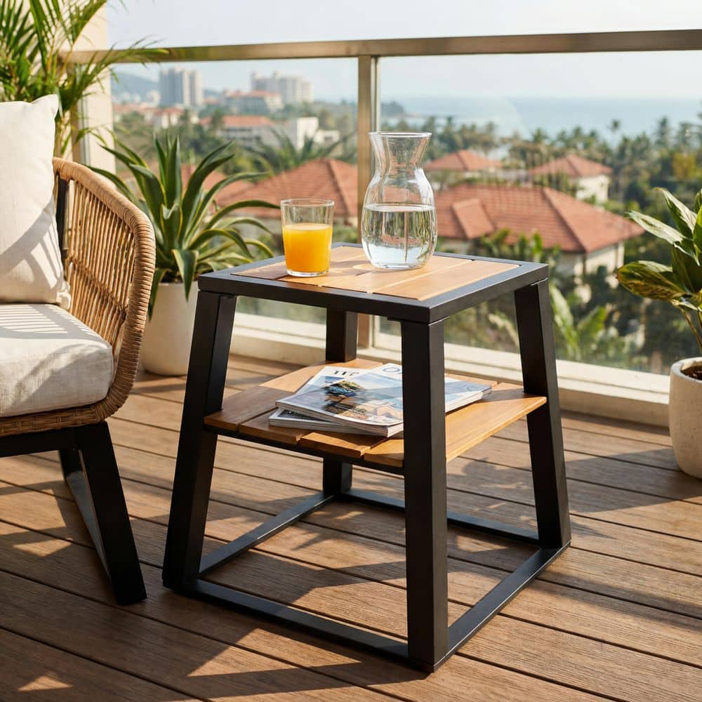 Talvex Black Iron Frame Outdoor Patio 2-Tier Side Table with Teak Finish Shelf, Weather-Resistant price history on PriceWatchPro