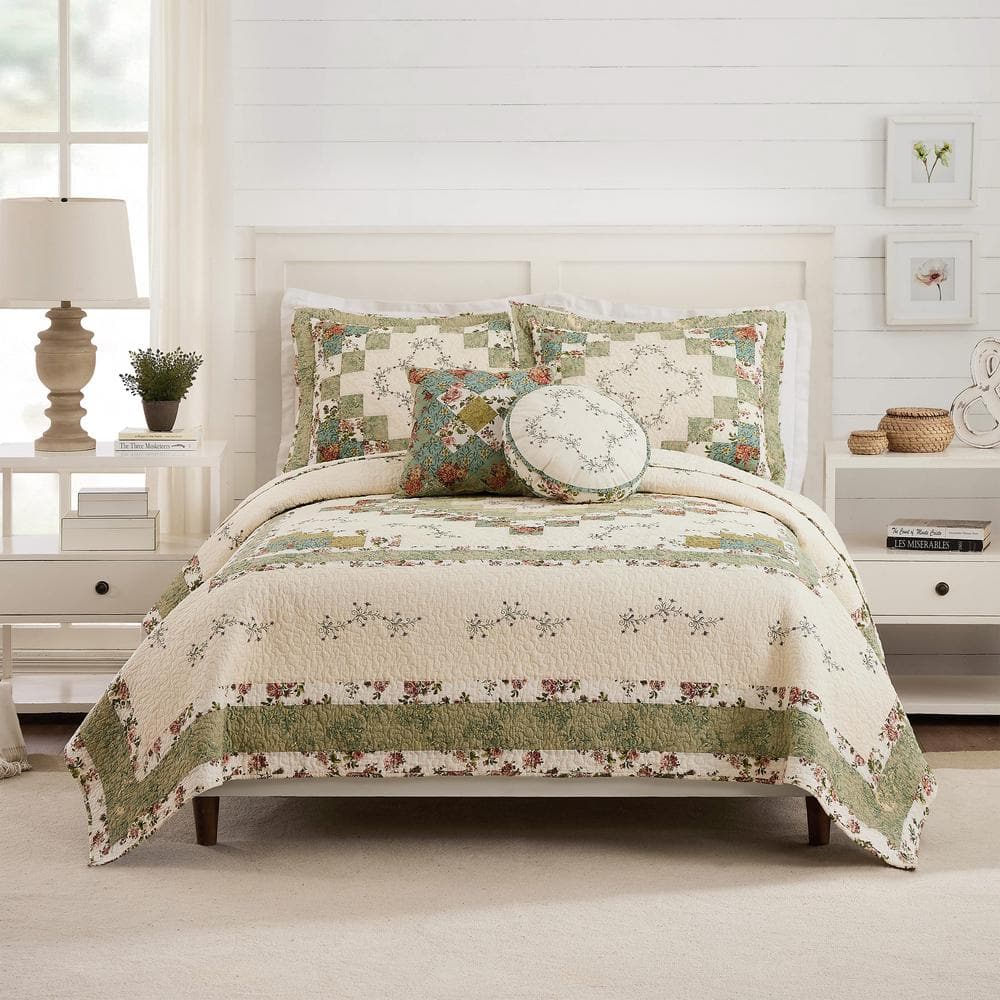 Olivia Green Floral Cotton Full Quilt Set
