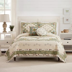 Home Decorators Collection 3-Piece Lake Blue Floral Tonal Block Print Cotton  Full/Queen Quilt Set PHC-140-22 - The Home Depot