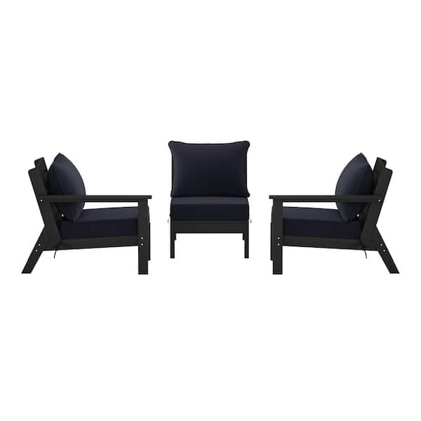 WESTIN OUTDOOR Birchwood Black Arrangeable Outdoor Patio 3-Piece Deep Seating HDPE Sofa Arm Chair Set w/ Navy Blue Cushions
