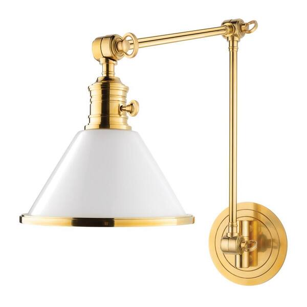 Fifth and Main Lighting Finney 5.5 in. Aged Brass Adjustable Arm Wall Sconce with Opal Glossy Glass Shade