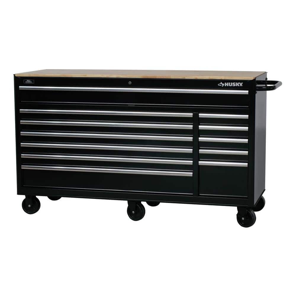 Husky 66 in. W x 24 in. D Standard Duty 12-Drawer Mobile Workbench Tool Chest with Solid Wood Top in Gloss Black, Gloss Black with Silver Trim -  76812A24