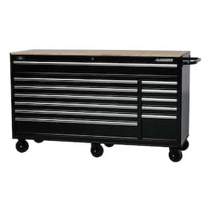 66 in. W x 24 in. D Standard Duty 12-Drawer Mobile Workbench Tool Chest with Solid Wood Top in Gloss Black
