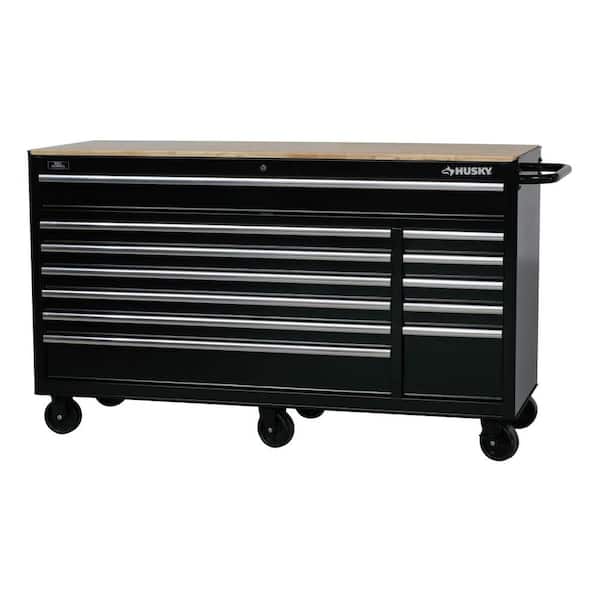 Husky 66 in. W x 24 in. D Standard Duty 12-Drawer Mobile Workbench Tool Chest with Solid Wood Top in Gloss Black