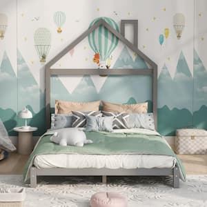 57 in.W Gray Full Size Platform Bed with House-Shaped Headboard, Toddler Floor Bed with Solid Wood Slats
