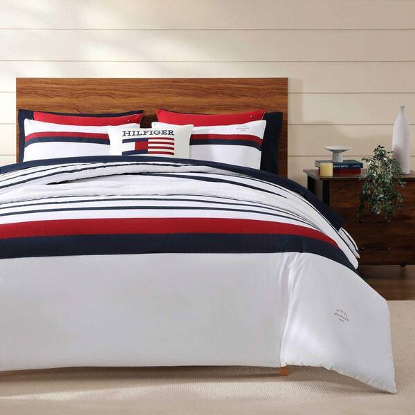 トミーヒルフィガー　クィーンサイズ　掛け布団 Tommy Hilfiger Tommy Classic Stripe 3-Piece White/Red/Navy Blue
