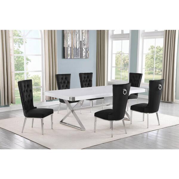Best Quality Furniture Miguel 7-Piece Rectangle White Wood Top Silver Stainless Steel Dining Set with 6 Black Velvet Chairs