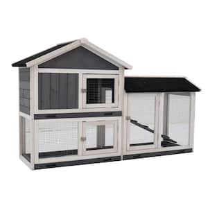 21.25 in. W x 61 in. L x 37 in. H Indoor and Outdoor Rabbit Cage with Runway Wooden Extra Spacious animal house, Gray