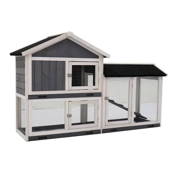 Tunearary 21.25 in. W x 61 in. L x 37 in. H Indoor and Outdoor Rabbit Cage with Runway Wooden Extra Spacious animal house, Gray