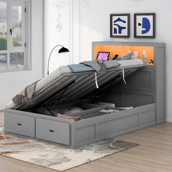 Lee Gray Wood Frame Full Size Platform Bed with LED Headboard, Side-Tilt Hydraulic Storage, 2 Drawers, Charging Station