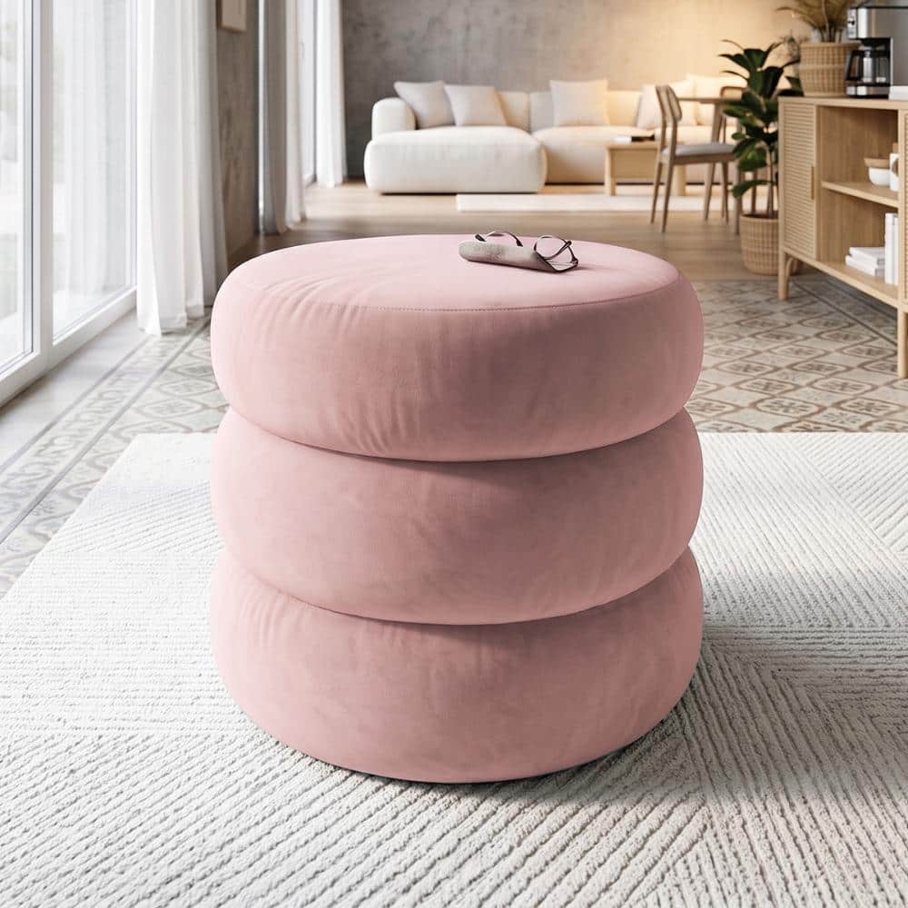 LAOTIES Velvet Accent Pouf With Storage, Dusty Pink Round 3-Tier Ottoman for Bedroom or Closet, Fully Assembled MELLOW-VELVET-ROSE