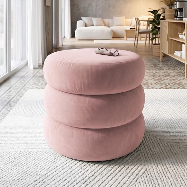 LAOTIES Velvet Accent Pouf With Storage, Dusty Pink Round 3-Tier Ottoman for Bedroom or Closet, Fully Assembled MELLOW-VELVET-ROSE