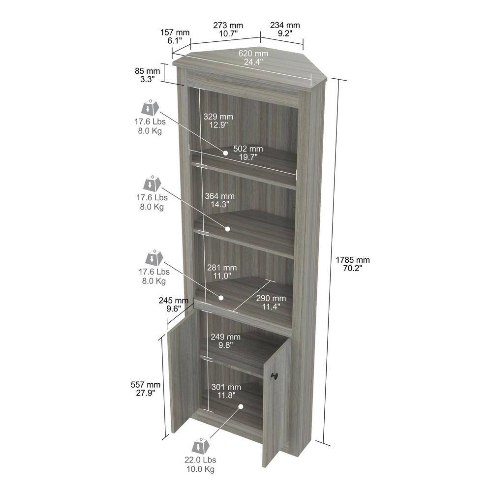 Smoke Oak 76'' Corner Bookshelf with Concealed Storage