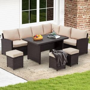 7-Pieces Patio Brown Wicker Furniture Dining Set with Beige Cushions