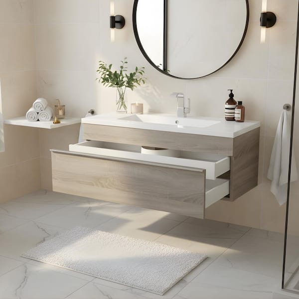 Trough 42 in. W x 16 in. D x 15 in. H Single Sink Wall Bathroom Vanity in Dorato with Cultured Marble Top in White