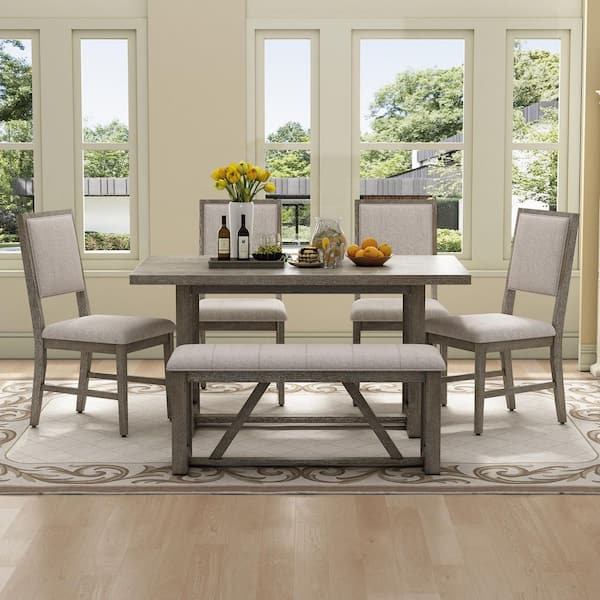 Owen 6-Piece Rectangular Gray Wood Top Dining Table Set Seats 6 with Bench and 4 Dining Chairs Designed Trestle Base