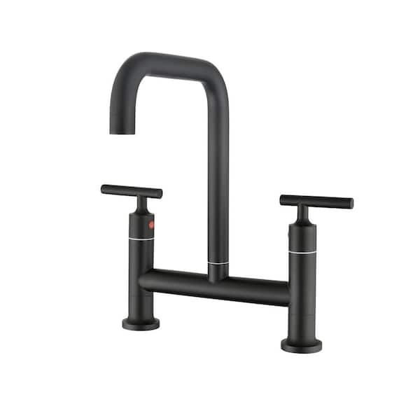 FLG Double-Handle Bridge Kitchen Faucet 2-Holes 304 Stainless Steel Commercial Kitchen Sink Taps in Matte Black