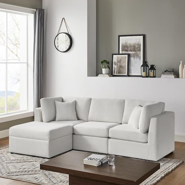Unbranded Chandler 93 in. Square Arm 4-piece Polyester Performance Fabric Rectangle XL Sectional Sofa in Ivory-Storage Ottoman