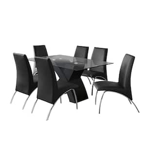 Audna Contemporary 7-Piece Rectangle Black Glass Top Dining Table Set