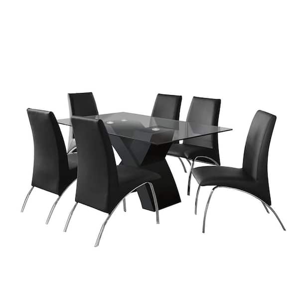 Furniture of America Audna 7-Piece Rectangle Black Glass Top Dining Table Set