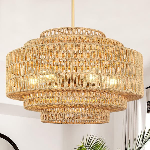 6-Light Gold Dimmable Hand-Woven Rattan Bohemian Drum Chandelier