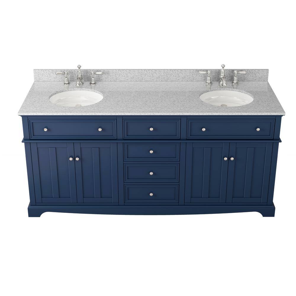 Fremont 72 in. Double Sink Freestanding Navy Blue Bath Vanity with Grey