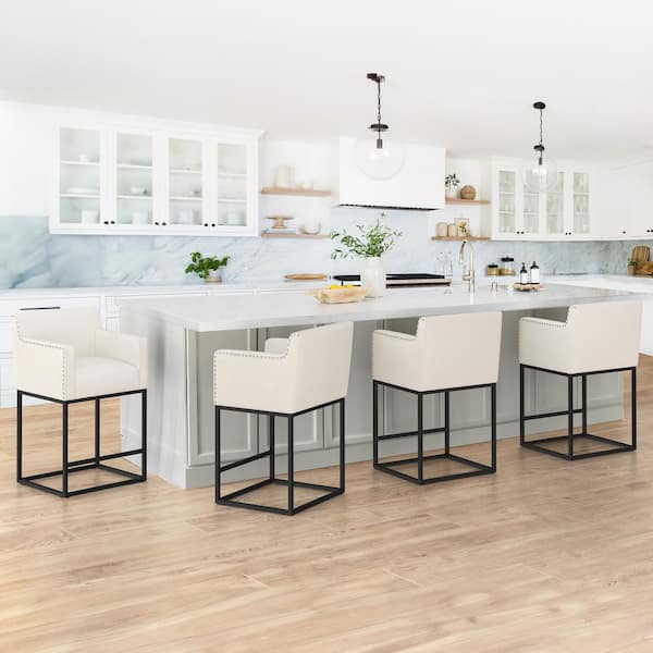 LUE BONA Luna 26 in. Beige Fabric Upholstered Counter Bar Stool with Black Metal Frame Square Counter Stool Set of 4