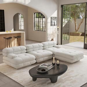 109 in. Square Arm Teddy Velvet L-shape Deep Seat Modular Sofa with Ottoman in. Beige