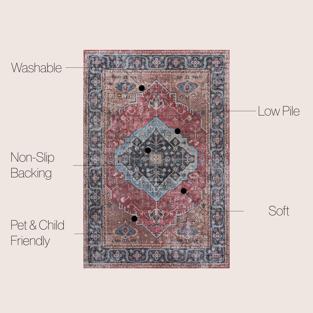 Red and Blue Medallion Washable Synthetic Area Rug 3' x 5'