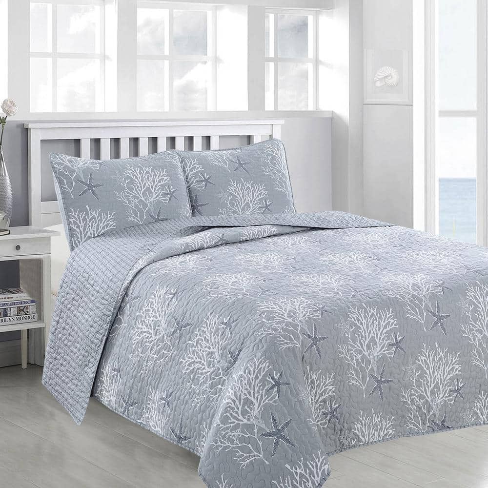 Pearl Blue Coastal King Microfiber Reversible Quilt Set
