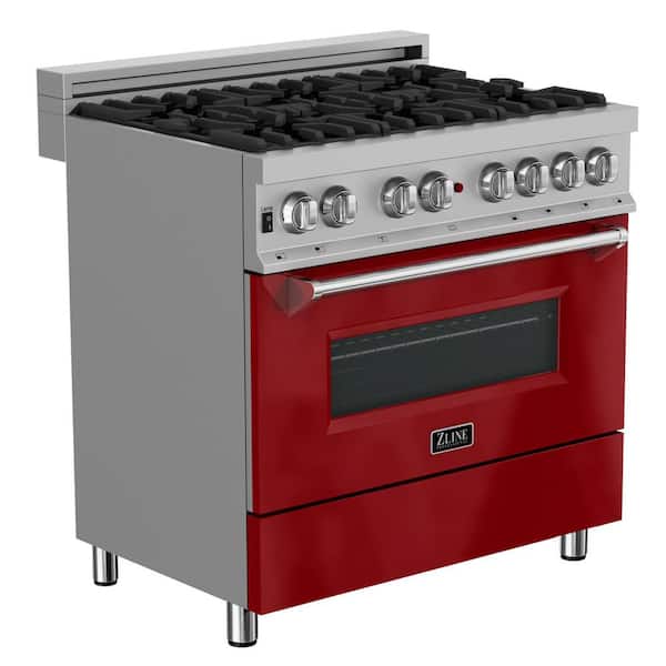 ZLINE Kitchen and Bath 36 in. 6 Burner Dual Fuel Range with Red Gloss Door in Fingerprint Resistant Stainless Steel