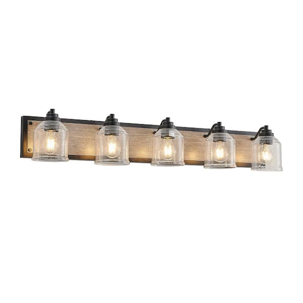 40 in. W 5-Light Vanity Light Fixture for Bathroom Black Wall Sconce with Seeded Glass Shades, E26, No Bulbs Included