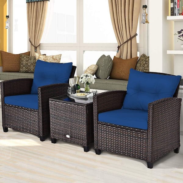 Unbranded Brown 3-Piece Wicker Patio Conversation Set with Blue Cushions