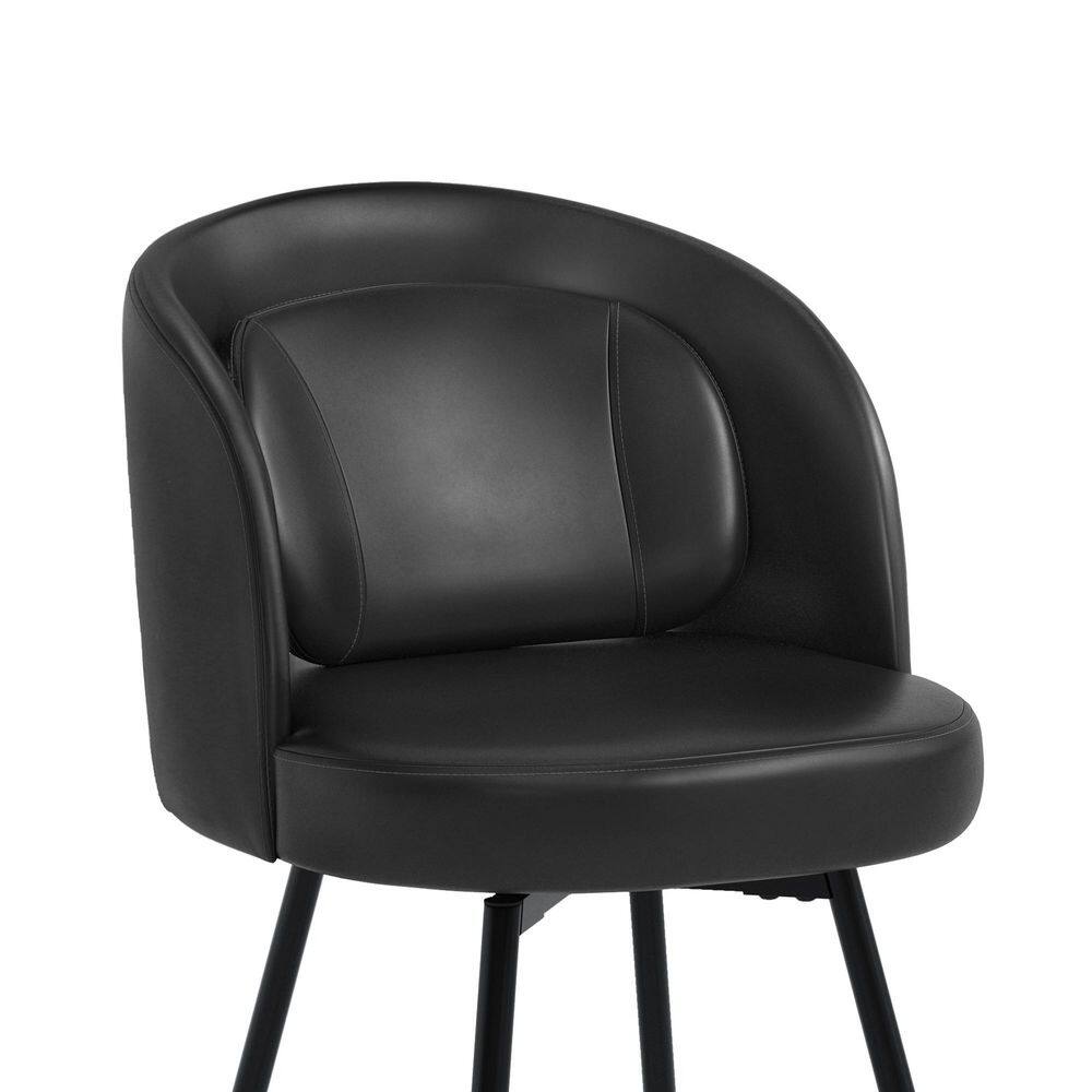Front view of a single black faux leather swivel bar stool.