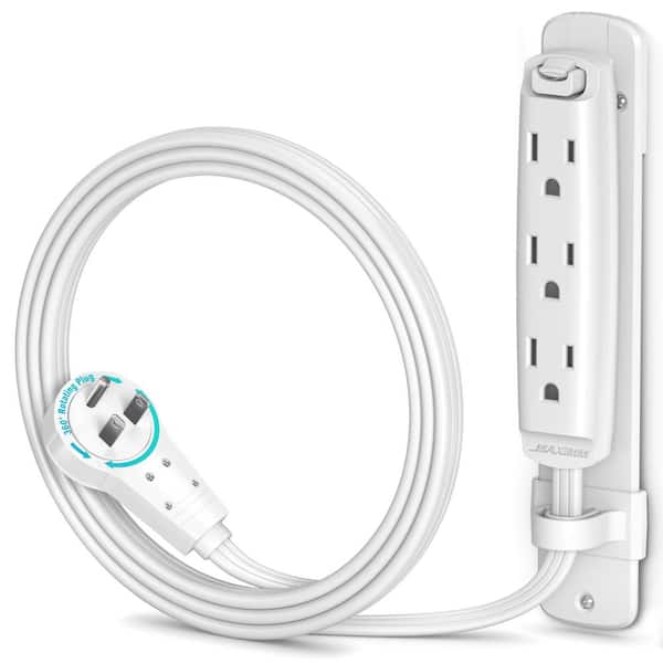 MAXIMM 3 ft. 16/3 Light Duty Indoor Extension Cord 360° Rotating Flat Plug 1-Sided with Loop and Bracket, White