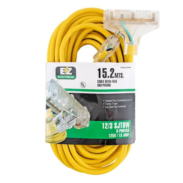 VividFlex 50 ft. 12/3 Heavy Duty Indoor/Outdoor Extension Cord with Lighted  End, Yellow