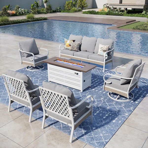 PHI VILLA White 6-Piece Metal Outdoor Patio Conversation Seating Set with Swivel Chair, 50000 BTU Fire Pit Table and Gray Cushion