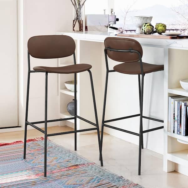 LUE BONA 38.18 in. Dark Brown Low Back Faux Leather Bar Stools with Metal Frame(Set of 2)