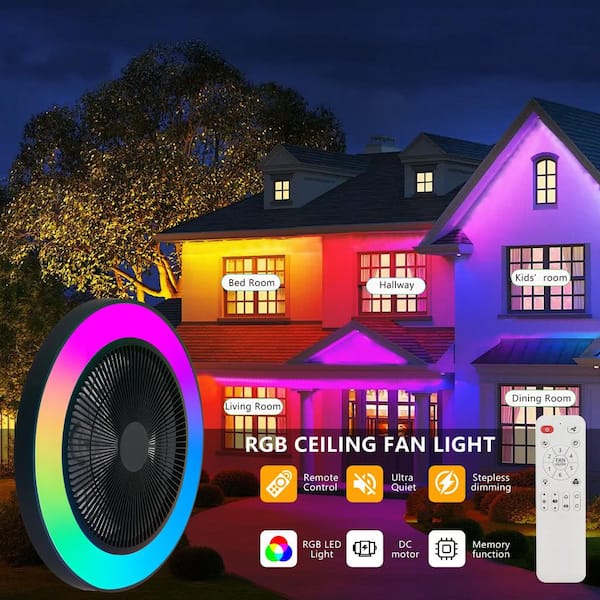 19 in. Black Flush Mount Bladeless Ceiling Fan Light with RGB LED, Dimmable, Color-Changing, APP/Remote Control