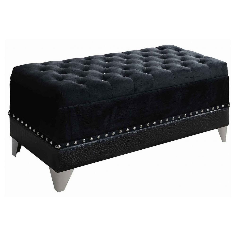 Luxurious 44'' Black Velvet Tufted Storage Trunk with Chrome Accents